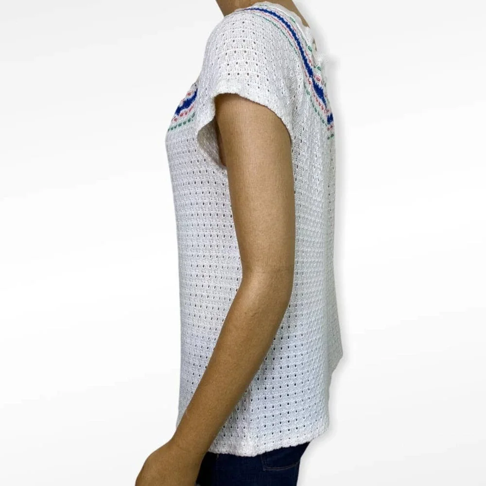 Vintage Crocheted Peasant Blouse Short Sleeve Knit Top - Picture 4 of 11
